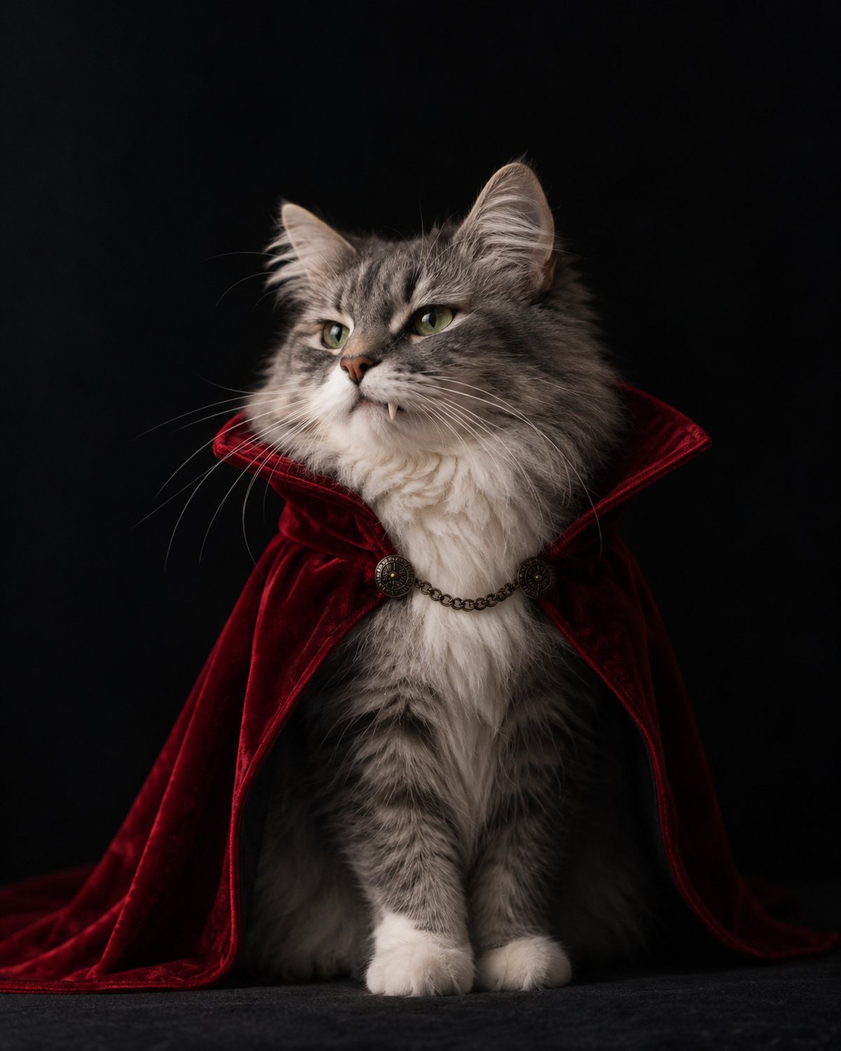 Kucing berjubah vampir merah dipotret seperti bangsawan di studio