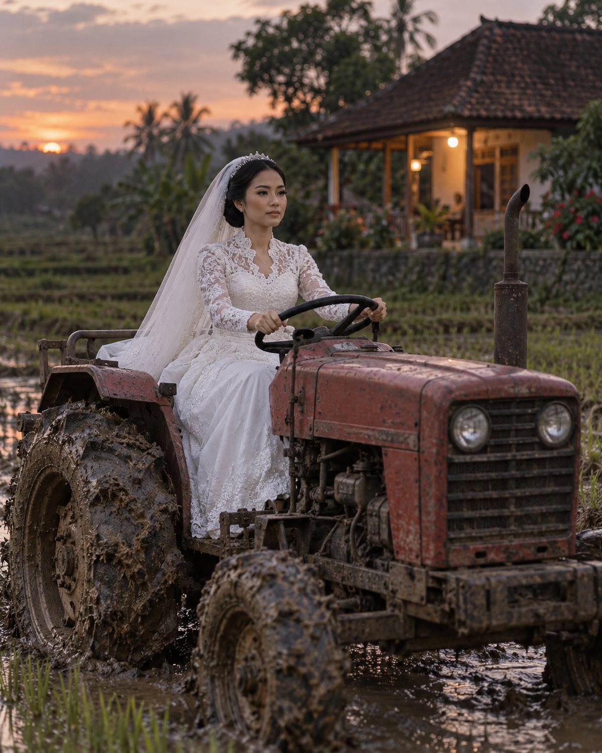Pengantin bergaun putih mengemudikan traktor merah di sawah berlumpur saat senja