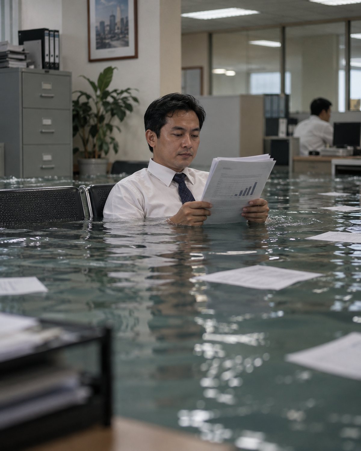 Pegawai kantor membaca laporan dengan tenang sementara air banjir setinggi dada di dalam kantor