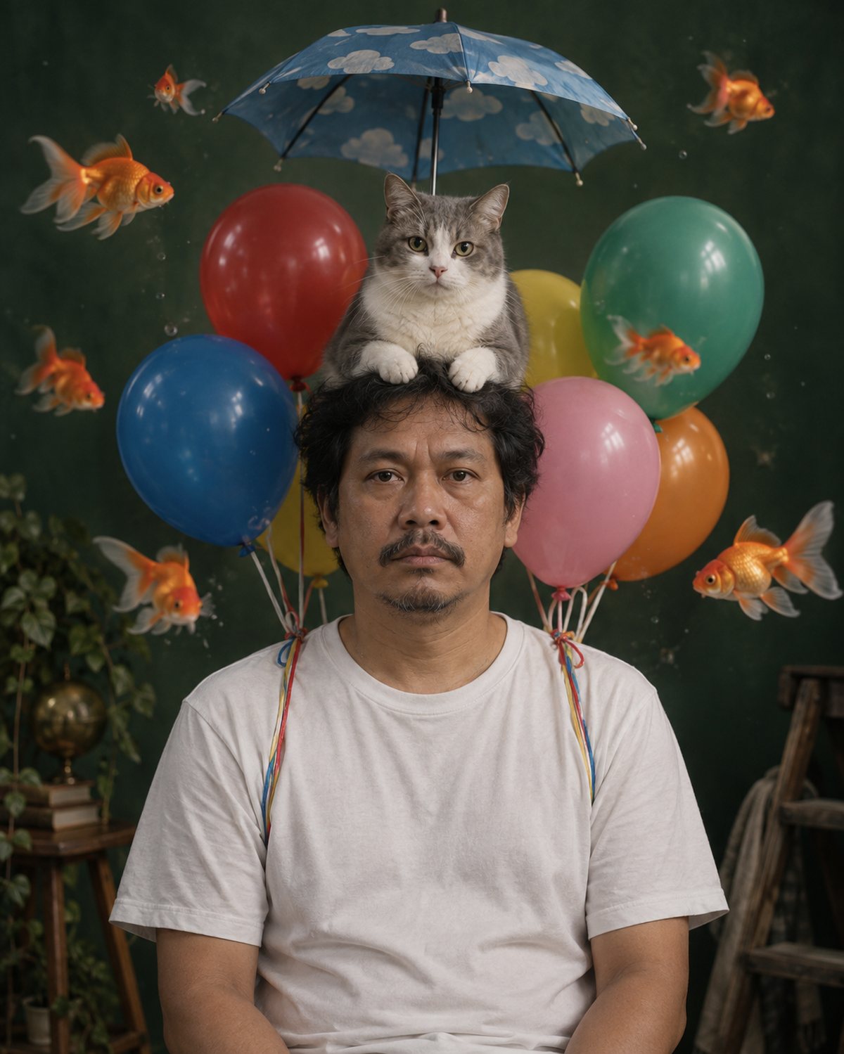 Potret pria dengan kucing di kepala, ikan mas melayang, payung, dan balon sekaligus
