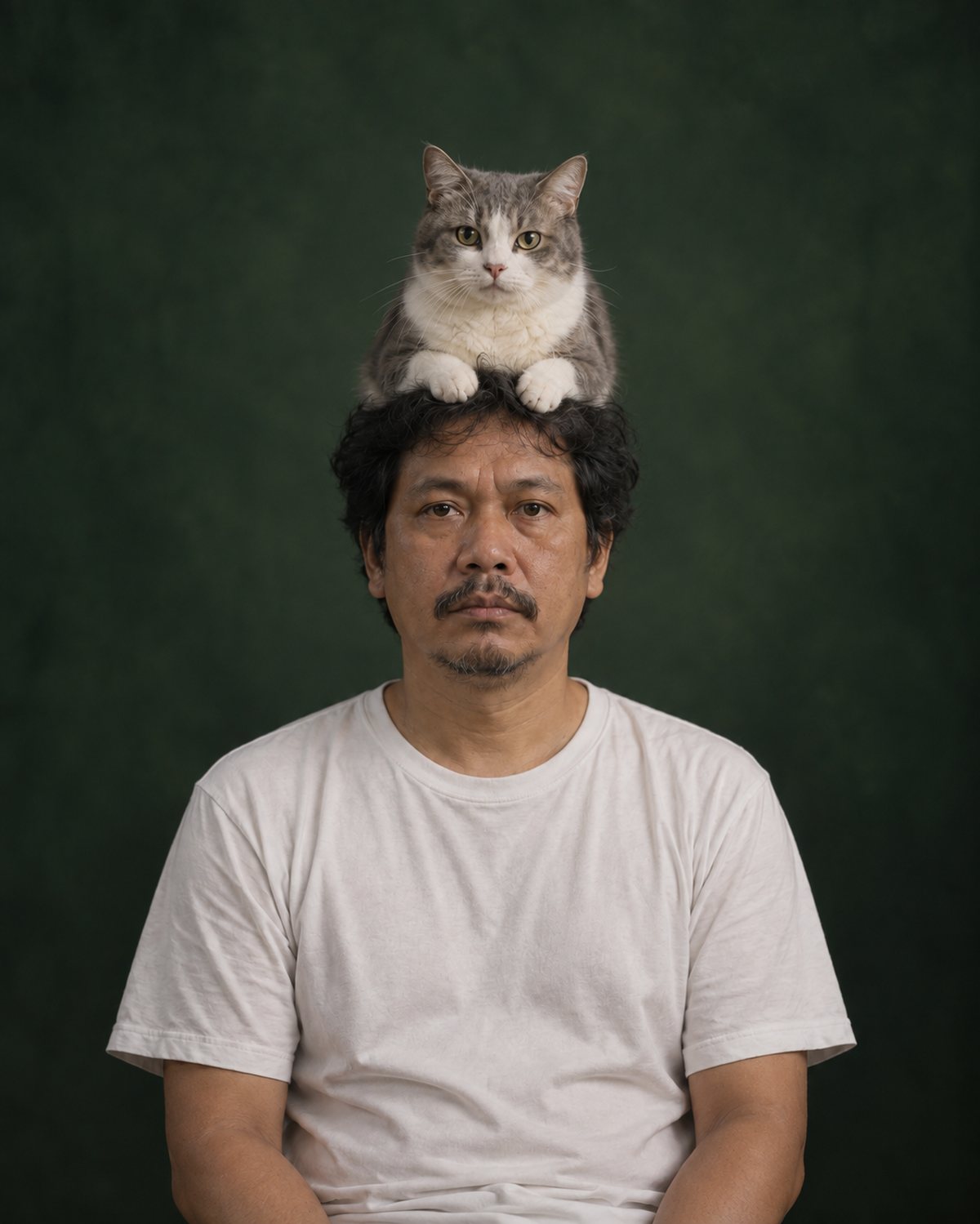 Potret pria berekspresi datar dengan satu kucing duduk di kepalanya