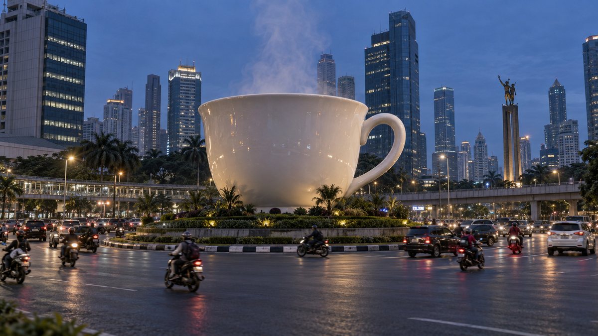 Cangkir teh porselen raksasa berdiri di tengah bundaran kota saat blue hour, pengendara lewat seperti biasa