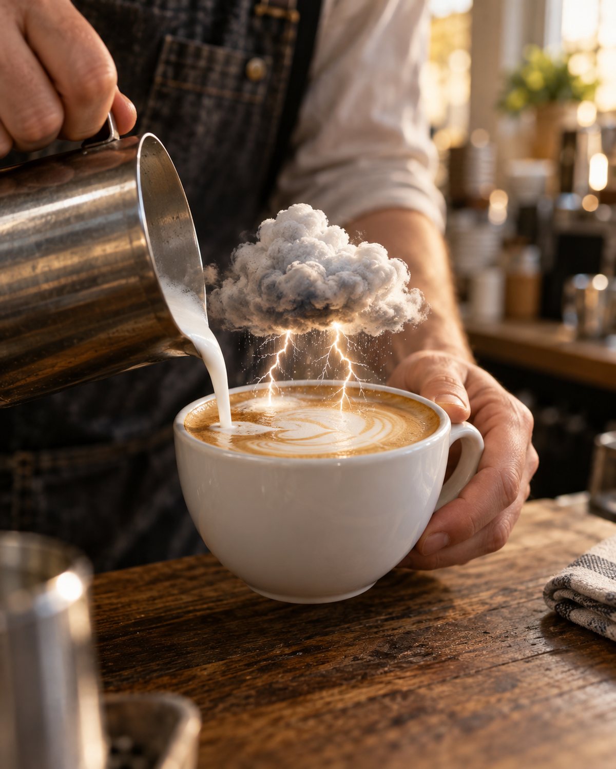 Tangan barista menuang latte, busa membentuk awan badai kecil dengan kilat di atas cangkir