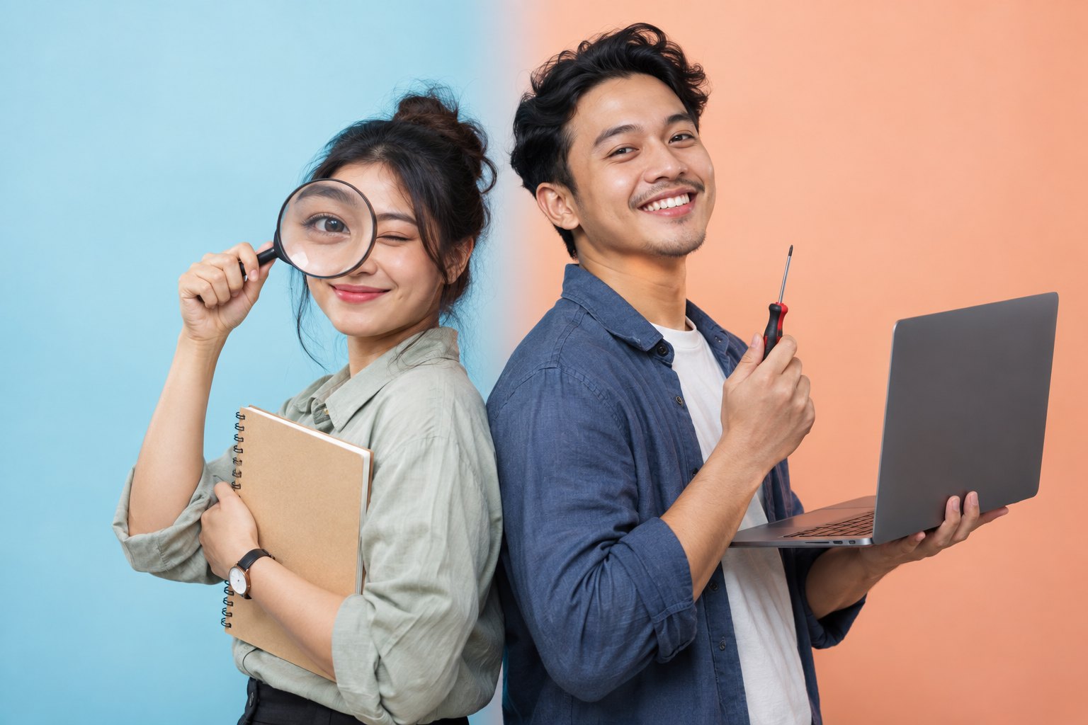Perempuan memegang kaca pembesar dan buku catatan berdiri membelakangi laki-laki yang memegang laptop dan obeng, latar biru muda dan peach