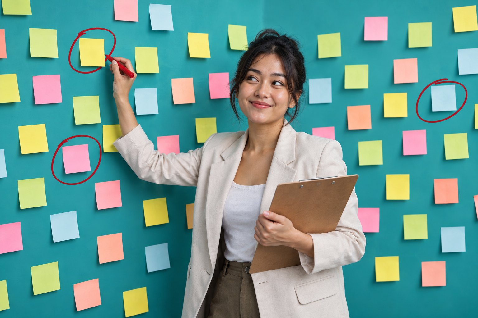 Konsultan perempuan dengan clipboard melingkari tiga sticky note dengan spidol merah di dinding yang penuh catatan, latar teal