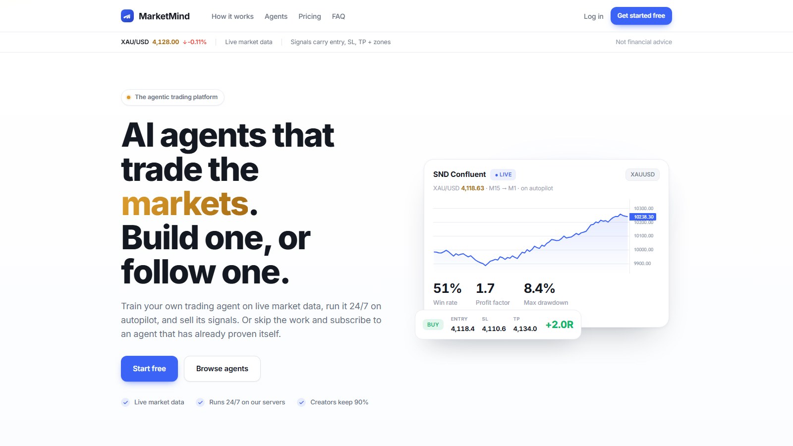Halaman depan MarketMind: AI agents that trade the markets, build one or follow one, dengan kartu agen SND Confluent untuk XAUUSD yang menampilkan win rate, profit factor, dan max drawdown