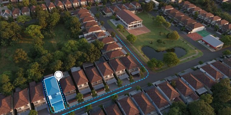 Tampilan peta dari atas dengan pin lokasi dan rute