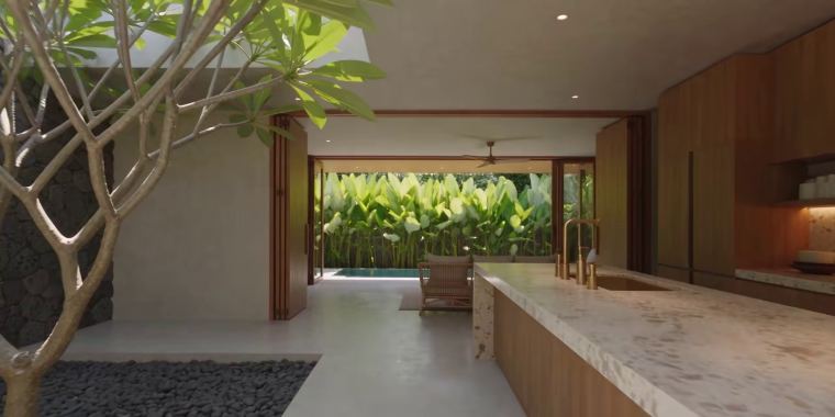 Interior rumah tropis dari sudut pandang orang berjalan