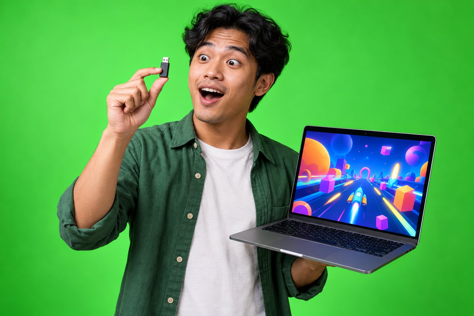 Laki-laki takjub mengangkat satu flashdisk kecil, laptop di tangannya menampilkan game warna-warni, latar hijau