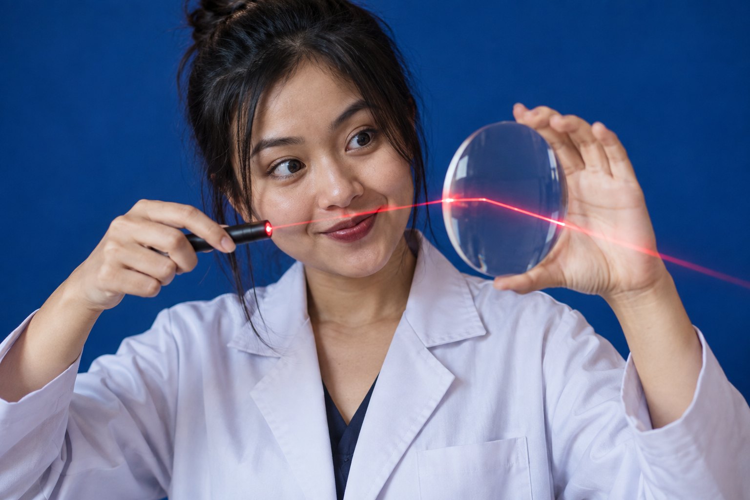 Perempuan berjas lab menembakkan laser menembus lensa kaca besar yang ia pegang, latar biru tua
