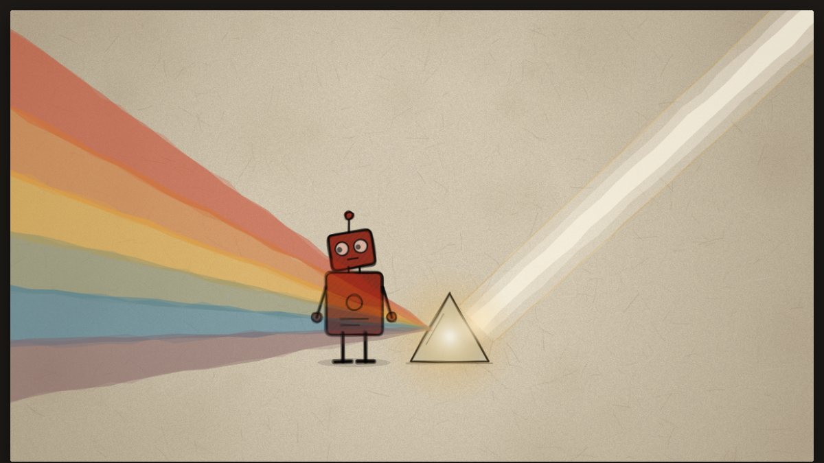 Frame dari animasi yang digambar kode: robot merah kecil dan prisma dengan pelangi di atas kertas