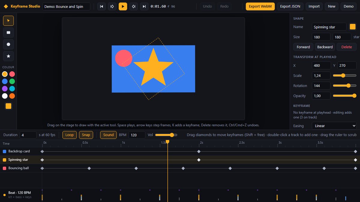 Hasil build editor animasi: stage, panel properti, dan timeline dengan keyframe