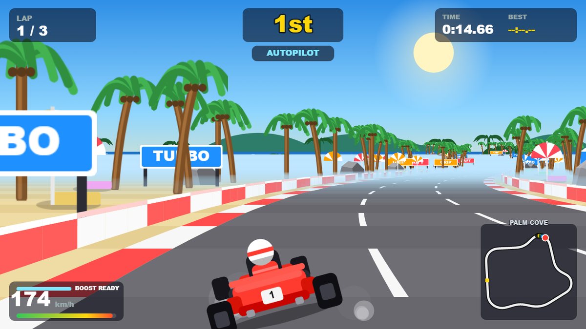 Hasil build kart racer: lintasan pseudo-3D dengan delapan kart, HUD lap dan minimap