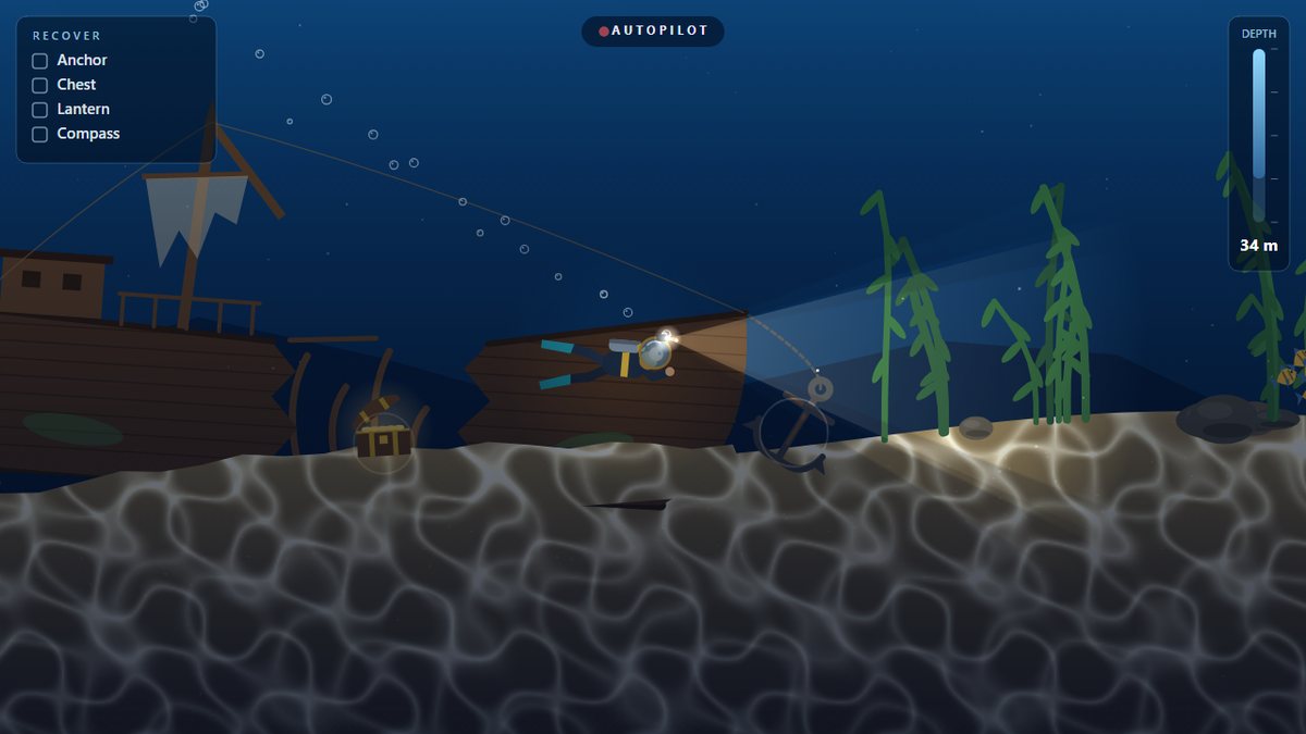 Hasil build dunia bawah laut: penyelam, berkas cahaya, ikan, dan kapal karam