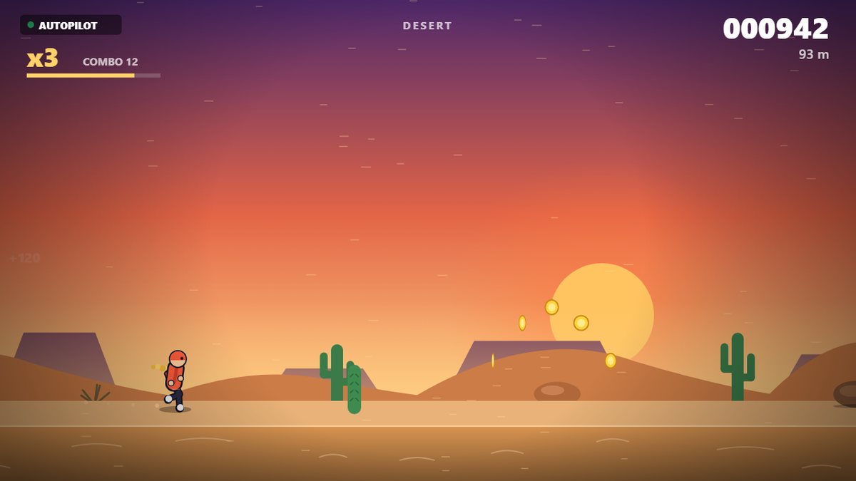 Hasil build endless runner: karakter berlari di dunia gurun saat matahari terbenam, dengan skor dan combo