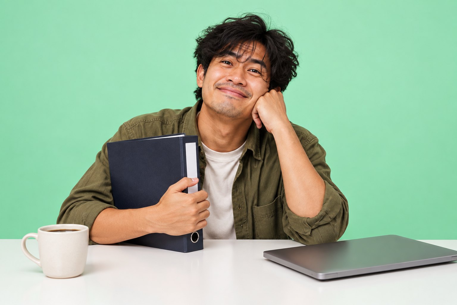 Laki-laki yang sama duduk tenang di meja rapi dengan satu binder, satu laptop, dan secangkir kopi, latar hijau mint