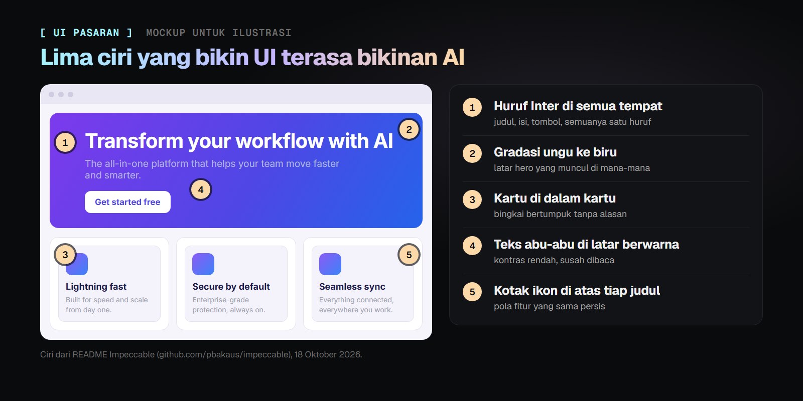 Contoh tampilan landing page bergaya AI yang pasaran dengan lima ciri ditandai: huruf Inter di semua tempat, gradasi ungu ke biru, kartu di dalam kartu, teks abu-abu di atas latar berwarna, dan kotak ikon membulat di atas setiap judul.
